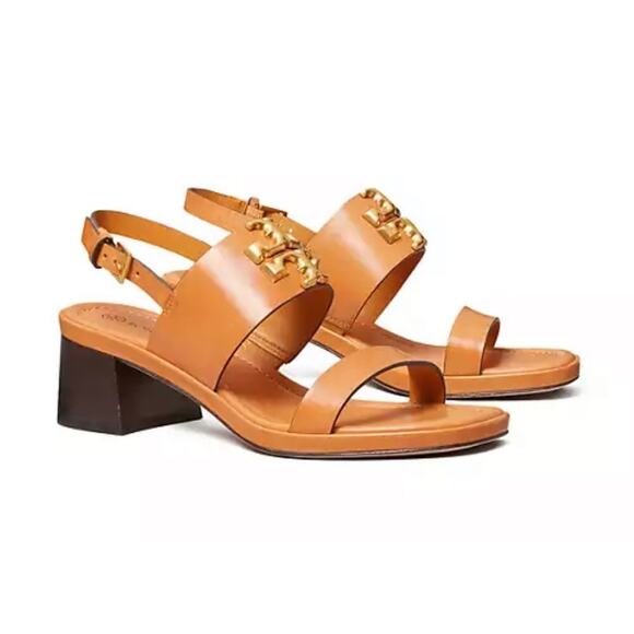 Tory Burch Women's Eleanor Block Heel Leather Sandals Size 9 Brandy Cognac Brown - Picture 1 of 6